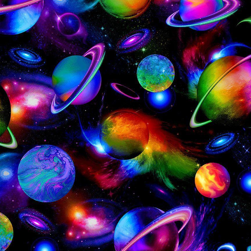 Lunarable Outer Space Fabric By The Yard, Alien Planets With Rings...
