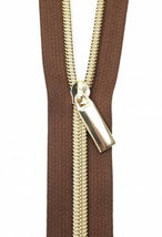 Brown #5 Nylon Gold Coil Zippers: 3 Yards with 9 Pulls ZBY5C32