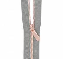 Grey #3 Nylon Rose Gold Coil Zippers: 3 Yards with 9 Pulls ZBY3C8