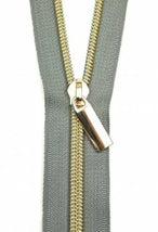 Zippers By The Yard Grey Tape3 yds #5 nylon coil & 9 pulls - Gold