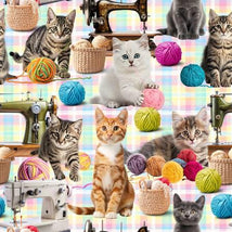 Cats Sewing Machine Gingham Digitally Printed 5077-05