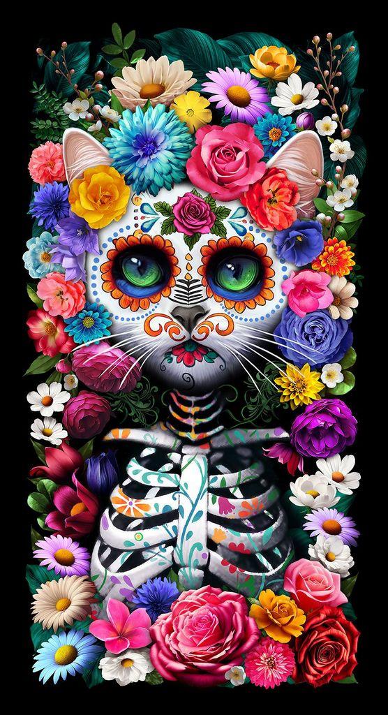Day Of The Dead 24" Cat Panel-Black PANEL-CD3600-BLACK