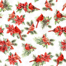 Feathered Festivities-Cardinals & Poinsettias White W120-006-036