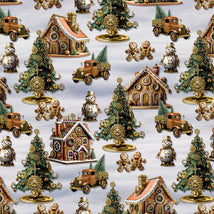 Gears & Garland-Gingerbread Houses with Snowmen and Christmas Trees Lt Gray