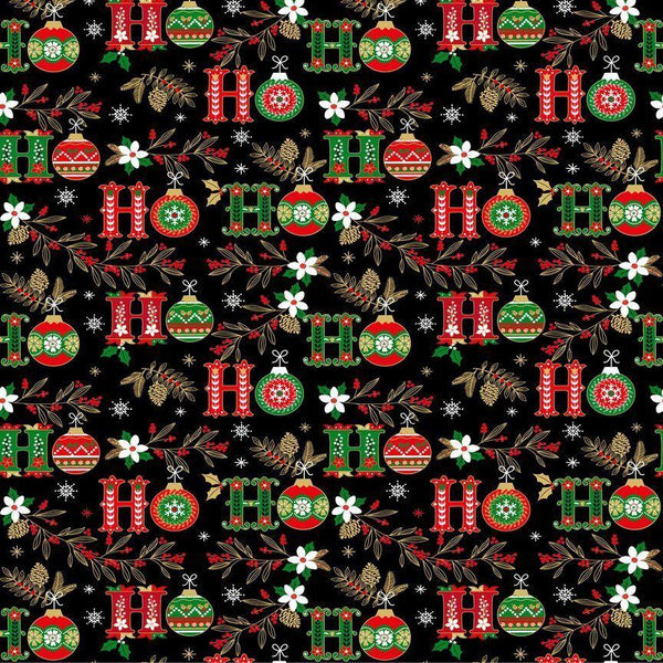 Ho Ho Text & Christmas Floral-Black HOLIDAY-CM2678-BLACK