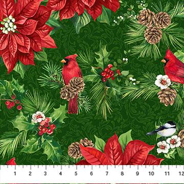 Yuletide Traditions-Poinsettia Birds Green/Multi DP26105-76