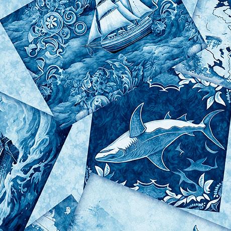 Ocean Blues-Nautical Motif Overlapping Pattern Blue 2600-30856-B