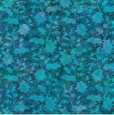 Oriental Gardens-Fan Floral Teal 4OG-2