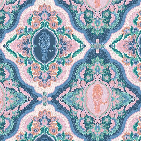 Pieces Of India-Damask Jungle Cats Blue/Pink 12025695
