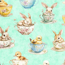 QT Cuties 3-Bunnies & Chicks In Teacups Lt Aqua 2600-31855-Q