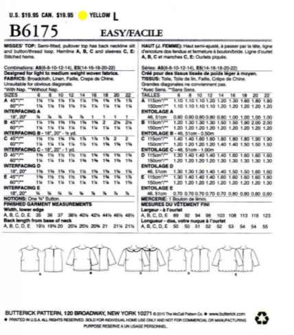 Butterick Pattern B6175 Size A5 (6-8-10-12-14)