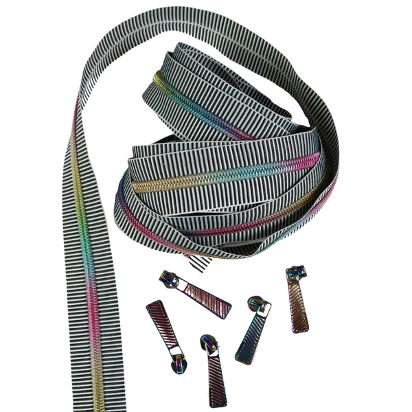 #5 Zipper-Black & White Tiny Stripe & Rainbow w/9 Pulls