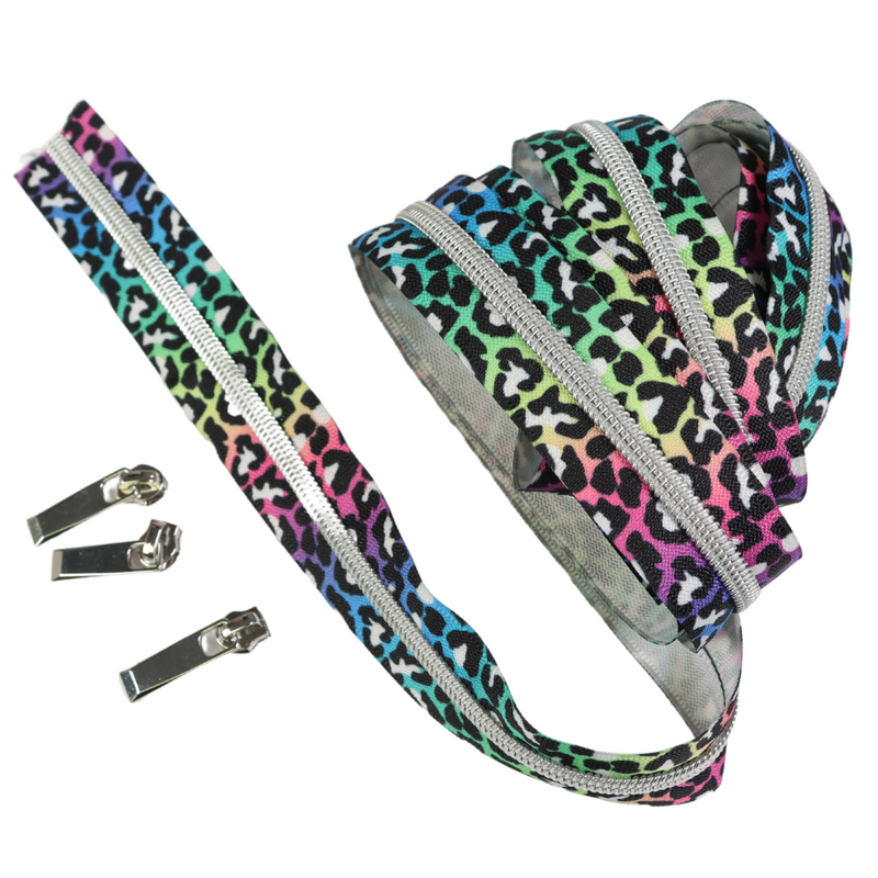 #5 Zipper-Rainbow Leopard & Silver 3yds w/9 Pulls RLEOPULLPACK