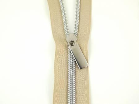 Beige #3 Nylon Nickel Coil Zippers: 3 Yards with 9 Pulls ZBY3C21