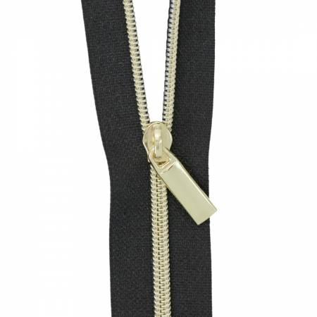 Black #3 Nylon Gold Coil Zippers: 3 Yards with 9 Pulls ZBY3C12