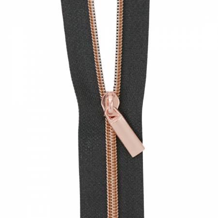 Black #3 Nylon Rose Gold Coil Zippers: 3 Yards with 9 Pulls ZBY3C13