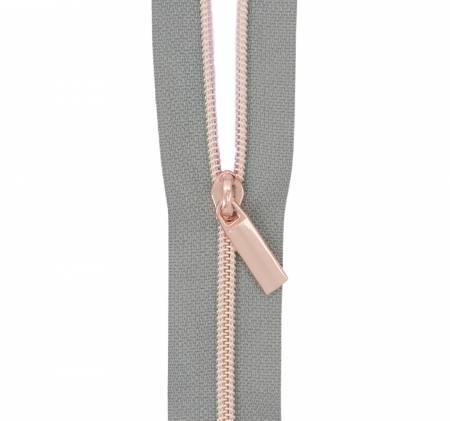 Grey #3 Nylon Rose Gold Coil Zippers: 3 Yards with 9 Pulls ZBY3C8