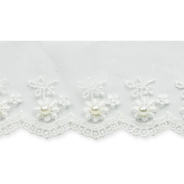 Vintage Daisy W/Pearl Bridal Lace Trim 1-1/2" IR7054WH - White