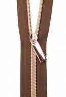 Zippers By The Yard- Brown Tape Rose Gold Teeth