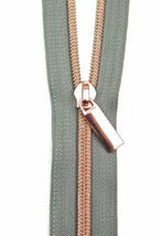 Zippers By The Yard Grey Tape3 yds #5 nylon coil & 9 pulls rose gold